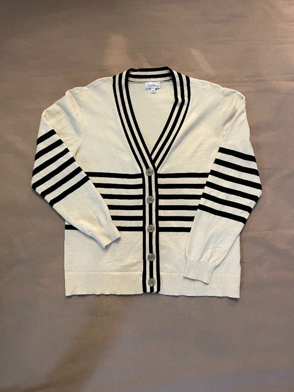 Evereve Cardigan Sz L Cream Black Stripes Buttons Preppy Old Money Academic